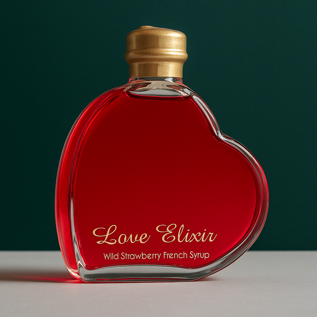 Wild strawberry syrup in a heart shaped glass bottle – A Taste of